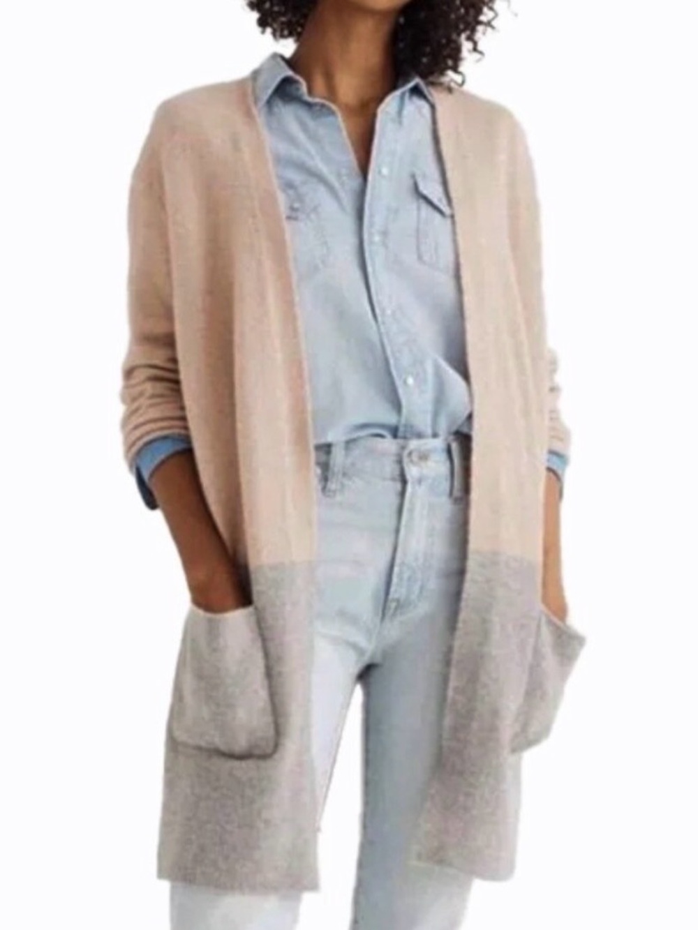 Madewell Two-Tone Open-Front Cardigan in Blush and Light Gray